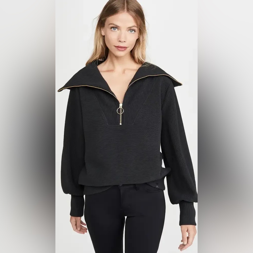 Varley Black V-Neck Half-Zip Sweater With Gold Trim